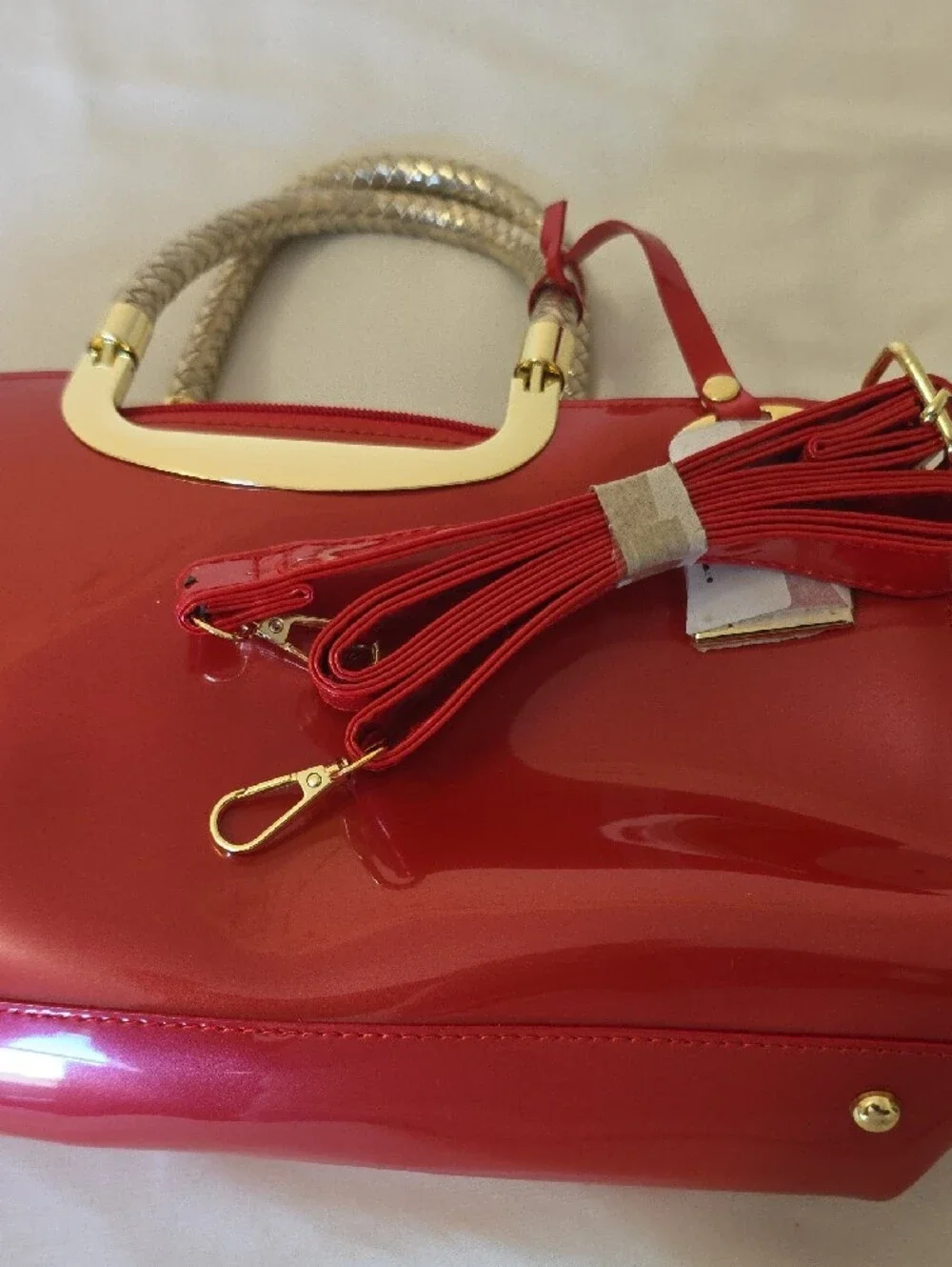 Patent Red Satchel with Gold-Tone Hardware